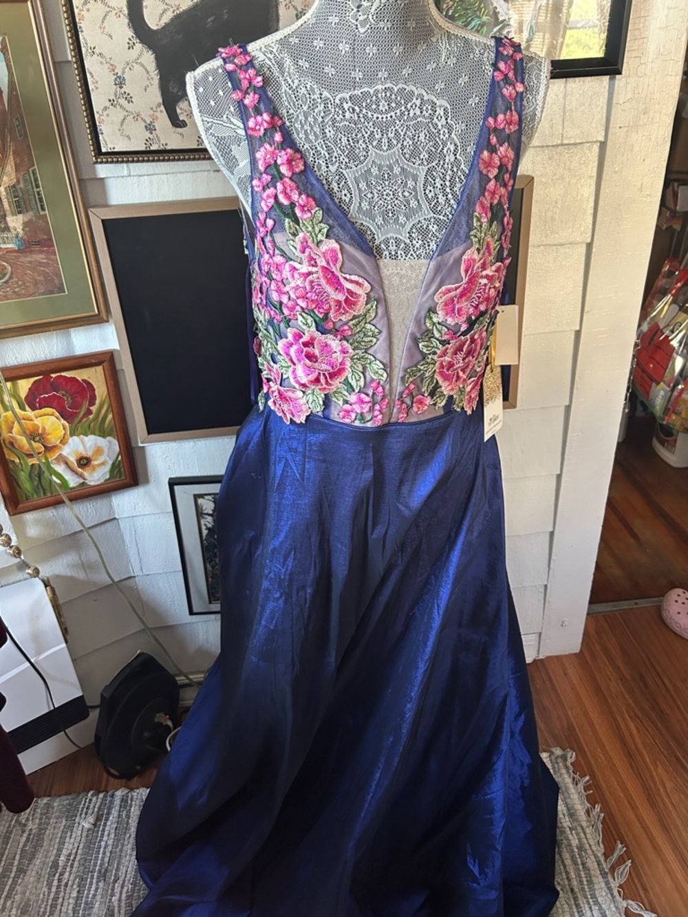 Floral Embroidered V-Neck Navy Prom Dress